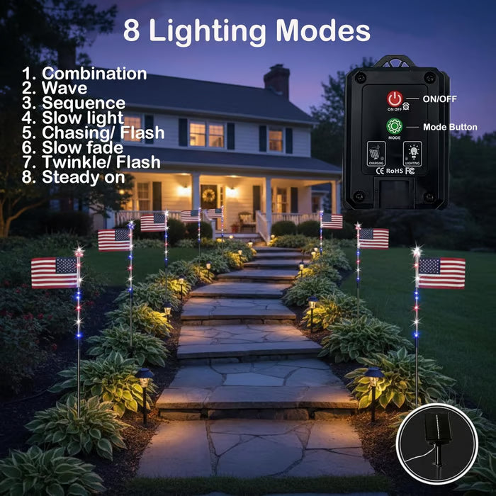 8 Solar American Flag Pathway Lights – Red, White & Blue Yard Glow for 250th Independence Celebration 🇺🇸✨