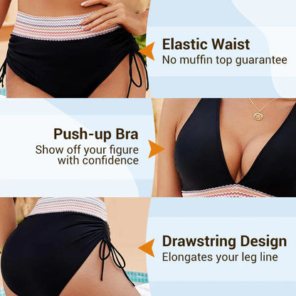👙High Waisted Tummy Control Color Block Bikini Sets