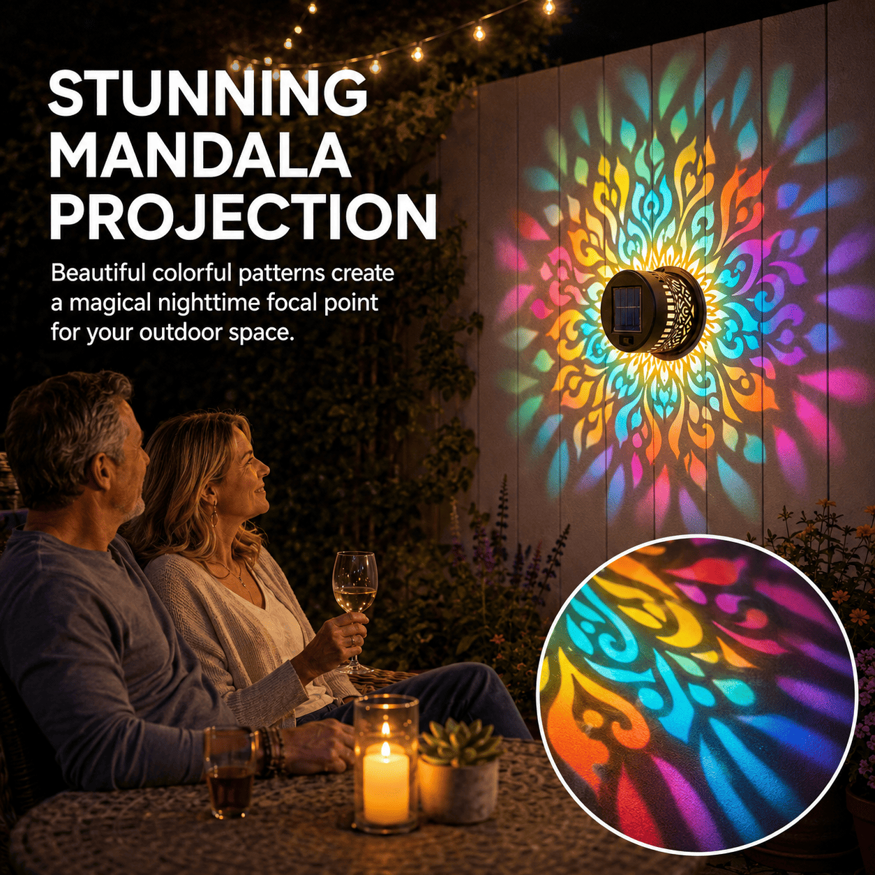 Solar Mandala Wall Light Outdoor Garden Fence Projector Lamp Patio Ambient Decor