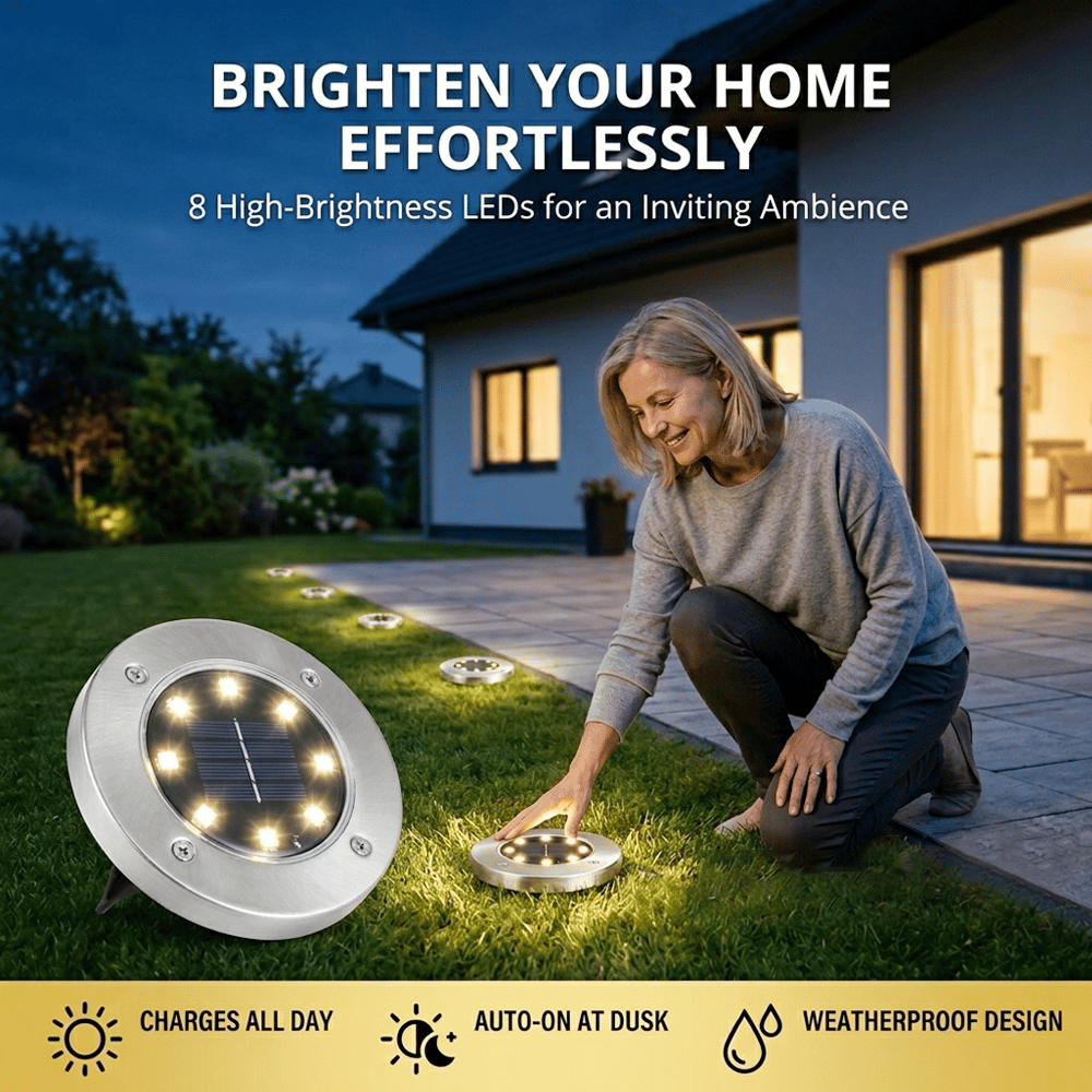 ☀️ Solar Powered 8-LED Ground Lights | Outdoor Pathway Lighting